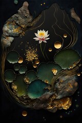 Wall Mural - 4K resolution or higher, Top View, Zen Garden, Sand, dark rocks, pond, lily pads, lotus flower. Generative AI Technology