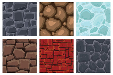 Wall Mural - Cartoon game textures, lava, ice, rocks and brick, dirt and ground surface seamless patterns. Game assets walls and environment backgrounds