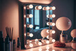 © OV - Make up products on a modern vanity table with a mirror surrounded by Hollywood style lights. Interior design. Generative ai