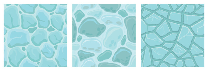 Wall Mural - Cartoon game textures, ice surface seamless patterns. Game assets walls and environment backgrounds