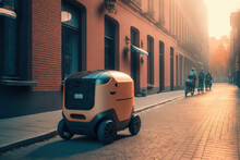 Delivery Robot That Is Autonomous In Tallinn, Estonia. A Business In Estonia Is Creating Autonomous Delivery Cars. Future Technology Idea With An Autonomous Courier Robot. Generative AI