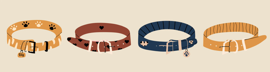 Set of different collars for cats and dogs. Accessories for pets. Vector hand drawn illustration