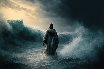 During a storm, Jesus navigates the sea by walking on it. Christian theme idea. Generative AI