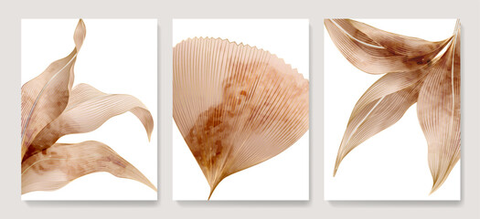 Luxury art background with beige exotic leaves with golden art line elements in watercolor style. Botanical print set for decor, posters, wallpapers, textiles, interior design.