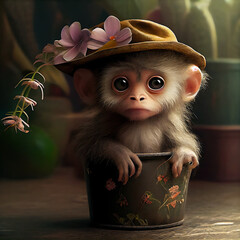 Wall Mural - Take a look at this adorable baby monkey/macaque in a flower pot. So adorable I smiled the whole time. This is a generative picture. 