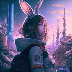 Wall Mural - Girl wearing futuristic rabbit shirt.Generative Ai