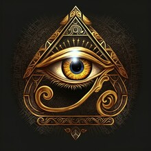 Generative AI The Golden Eye Of Horus With Golden Effect On Black Background, Representation Of The Solar Eye Or The Eye Of Ra, Symbol Of The Ancient Egyptian God Of The Sun