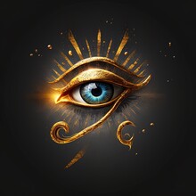 Generative AI The Golden Eye Of Horus With Golden Effect On Black Background, Representation Of The Solar Eye Or The Eye Of Ra, Symbol Of The Ancient Egyptian God Of The Sun