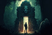 Mayan Gate In The Forest. Generative AI. Concept Art Of An Explorer Walking In The Middle Of The Jungle Through A Secret Gate. An Adventurer In A Green Tropical Rainforest Discovering A Secret Passage