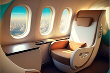 Luxurious first class airplane seat with lots of windows. Generative AI visualization of the VIP cabin of a business class aircraft. Interior of a Private Jet