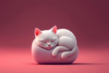 Sticker - Cute white kitten in a sleeping stance with a pink background. Shape of a floating crimson heart. I adore you, good night, pleasant dreams, and lazy days. Cartoon card, minimal stylised art style