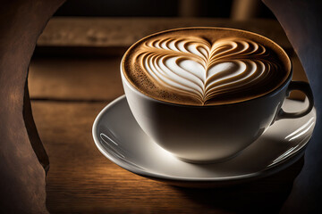 Poster - Close up of a white coffee cup with a heart shaped piece of latte art foam on a black wood table next to a window with a light shade. Generative AI