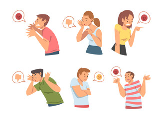 Sticker - Young Angry Man and Woman Character Expressing Discontent in Social Media with Furious Face Vector Set