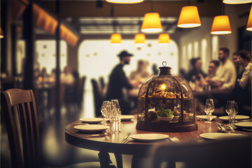 Wall Mural - gourmet restaurant background, some customers sitting at the table, and some waiters in the background, generative ai.