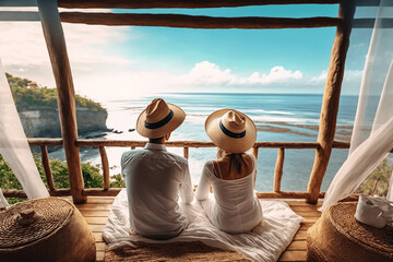 couple with straw hats chilling enjoying beautiful views over the ocean, paradisiac beach, sunday mo