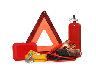 Set of car safety equipment on white background