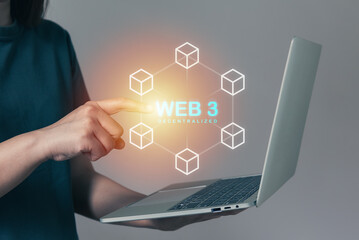 Decentralized web3, blockchain, person touching blockchain icons, database on ecosystem of blockchain, trustless system.