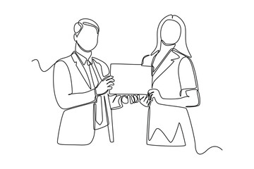 single one line drawing happy woman gets award best employee. personal development concept. continuo