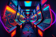 Arcade games room neon light colorful - illustration - Generative AI