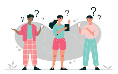 Poster - People ask questions. Men and woman with gadgets looking for information on Internet. Modern technologies and digital world. Knowledge, education and learning. Cartoon flat vector illustration
