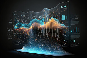 big data technology and data science, visualizing complex data set on virtual screen, data flow conc