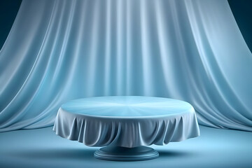 Baby blue silk satin showcase, round product display platform with silky fabric curtain background, 3d illustration for design, mockup, template