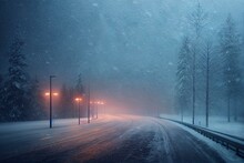 Winter Highway Snowfall Background Fog Poor Visibility. Generative AI