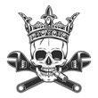 Skull smoking cigar or cigarette smoke with wrench tools and crown king in monochrome illustration style vector icon. Construction spanner plumbing key tool isolated on white background.