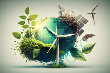 Renewable energy background with green energy as wind turbines and solar panels. green energy concept energy sources sustainable Ecology Elements Generative AI