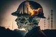 Conceptual graphic design of an energy sector and future manufacturing. With double exposure artwork, an oil, gas, and petrochemical refinery facility demonstrates the future of power. Generative AI