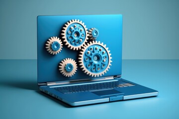Laptop with gears on screen on blue background, settings concept, digital illustration, AI