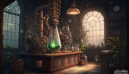 Wall Mural - Steampunk lab, old science laboratory with steam engines, digital illustration, AI



