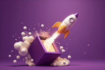 Rocket coming out of gift box on purple background, 3D illustration, AI
