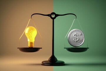 Scales with light bulb and coins, concept of ideas that generate money. Digital illustration, AI