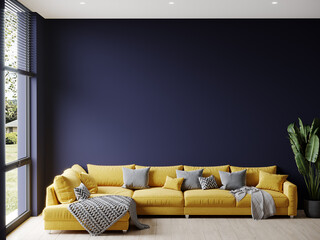 Accent lounge area in a large living room. Blue yellow colors. Empty dark navy indigo wall and bright yellow ocher mustard sofa. Mockup modern interior design lounge reception. 3d rendering