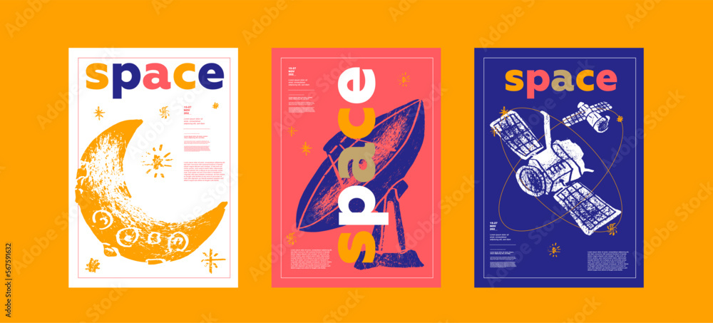 Moon, satellite. Poster design. Vector illustrations. Typography ...