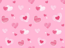 Seamles Pattern With Cute Doodle Hearts On Pink Background. Vector Illustration For Wrapping Paper, Decor, Cards, Backgrounds On Valentine's Day. Print Design Textile For Kids Fashion. 
