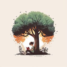 A Child Reading A Book Under A Tree Illustration Generative AI