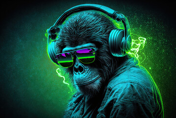 Wall Mural - Cool neon party dj cat in headphones and sunglasses