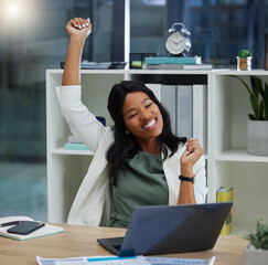 Celebration, laptop and professional black woman in the office with success, achievement or goal. Happy, smile and African business employee on a computer celebrating her job promotion in workplace.