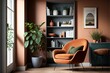 Stylish and modern cozy interior with terracotta armchair and grey bookshelf by orange wall