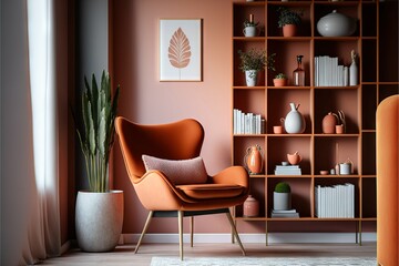 Stylish and modern, cozy interior with terracotta armchair and bookshelf. AI