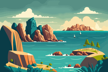 Wall Mural - coastal Summer landscape with sea, mountains and islands. Vector illustration