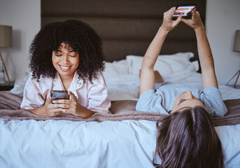 Poster - Video call, phone and friends with women at sleepover for communication, internet and contact. Happy, relax and smile with girl lying in bedroom with technology, digital and social media together