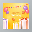 © SyahCreation - Colorful happy birthday anniversary thank you greeting card square background. Vector illustration. Romantic background with cute love balloon flag sale banner template, greeting card. Place for text.