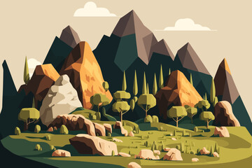 karts landscape nature with mountains and trees. Vector illustration in flat style.