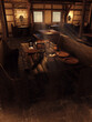Fantasy tavern interior with a wooden table and plates at night. 3D render in DAZ Studio. 