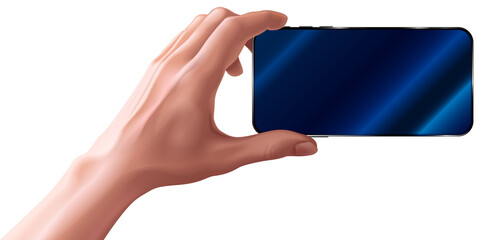 Leinwandbilder - Hand holding horizontal mobile smartphone. Mock up black landscape orientation phone in hand. Empty screen phone. Template isolated cellphone. Man shooting photo or video.