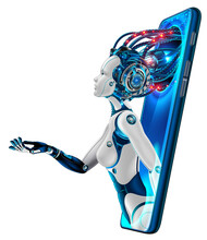 Artificial Intelligence Provide Access To Information And Data In Online Networks Via Smartphone. AI In The Form Of Woman Cyborg Or Bot Coming Out Of The Screen Phone And Offers To Use Digital Mind