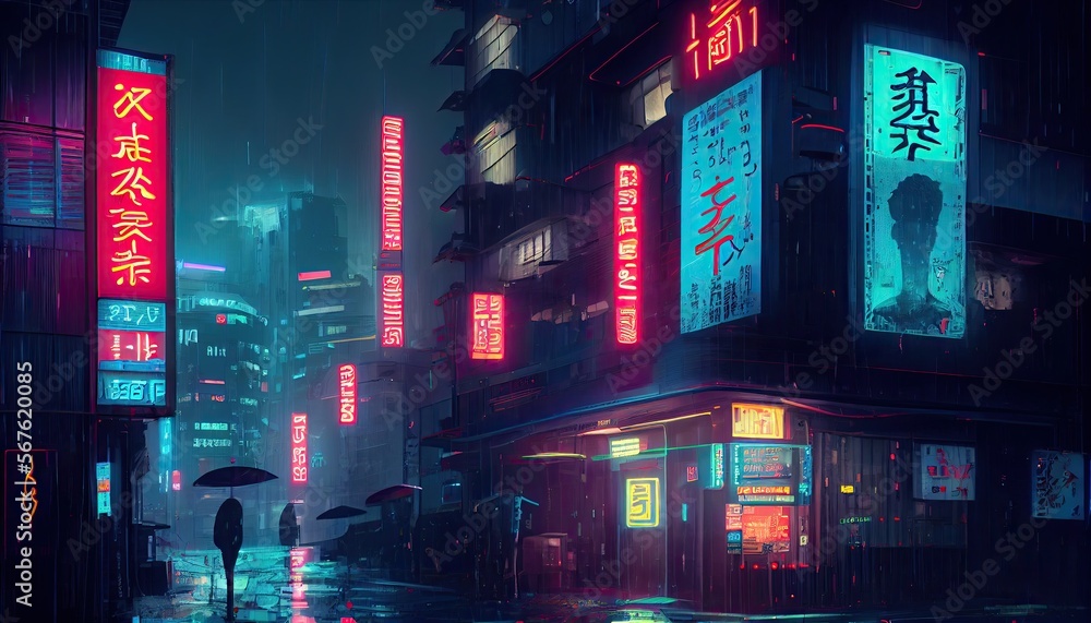 Cyberpunk futuristic Tokyo city at might with Japanese neon signs Stock ...
